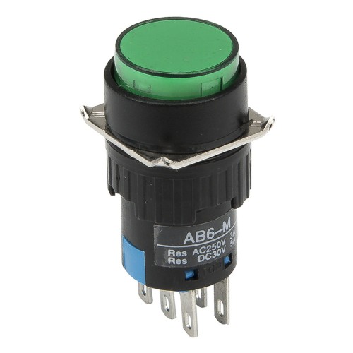 AB6-M-22-G 16mm 6 pins reset (ON) - OFF round green push button switch