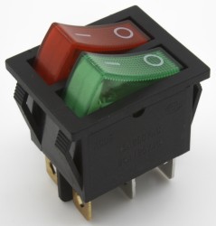 KCD6-202N red and green perforate 26 x 22 mm 6 pins ON - OFF 220V two lights rocker switch